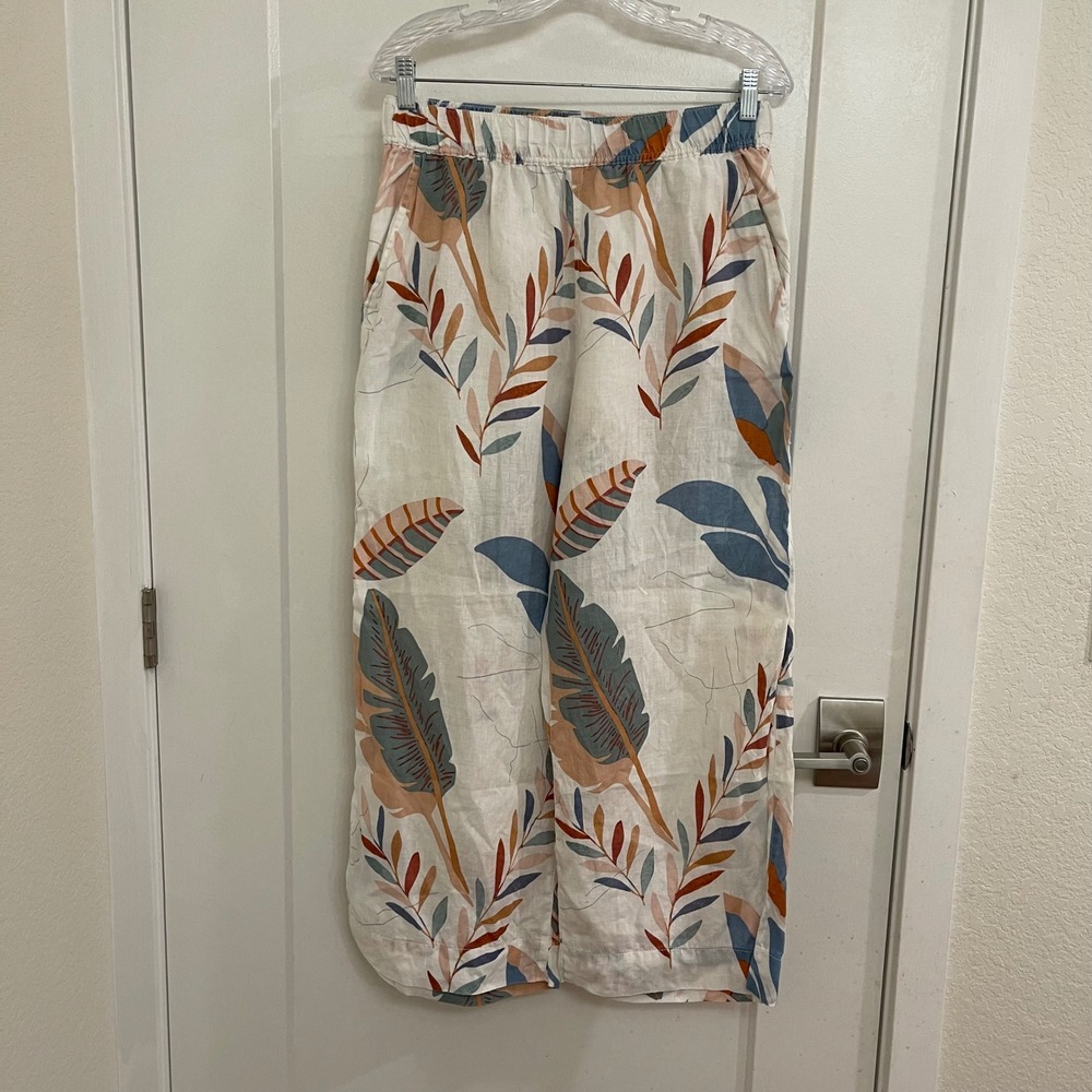 Tahari Linen Leaf Pants Barrel Wide Leg Boho Breathable Tropical Vacation